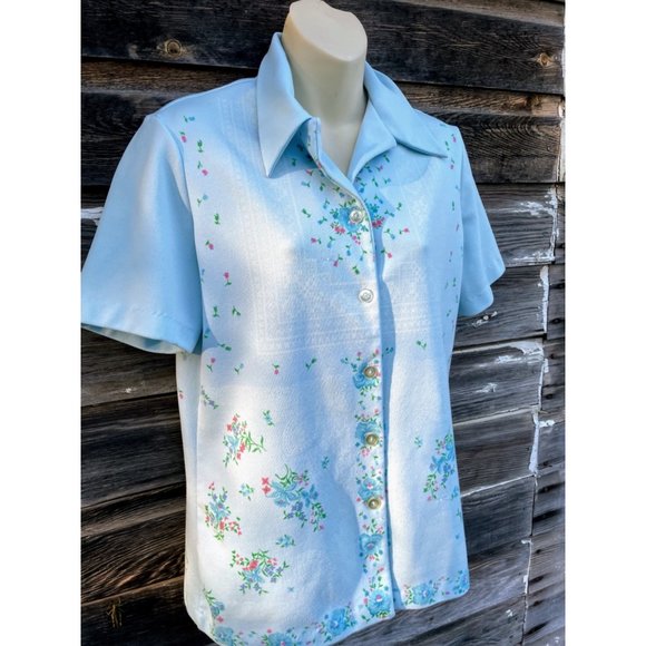 Vintage MOD 1970s Smartique Hippy BlueFloral Ladies Shirt - Picture 2 of 12
